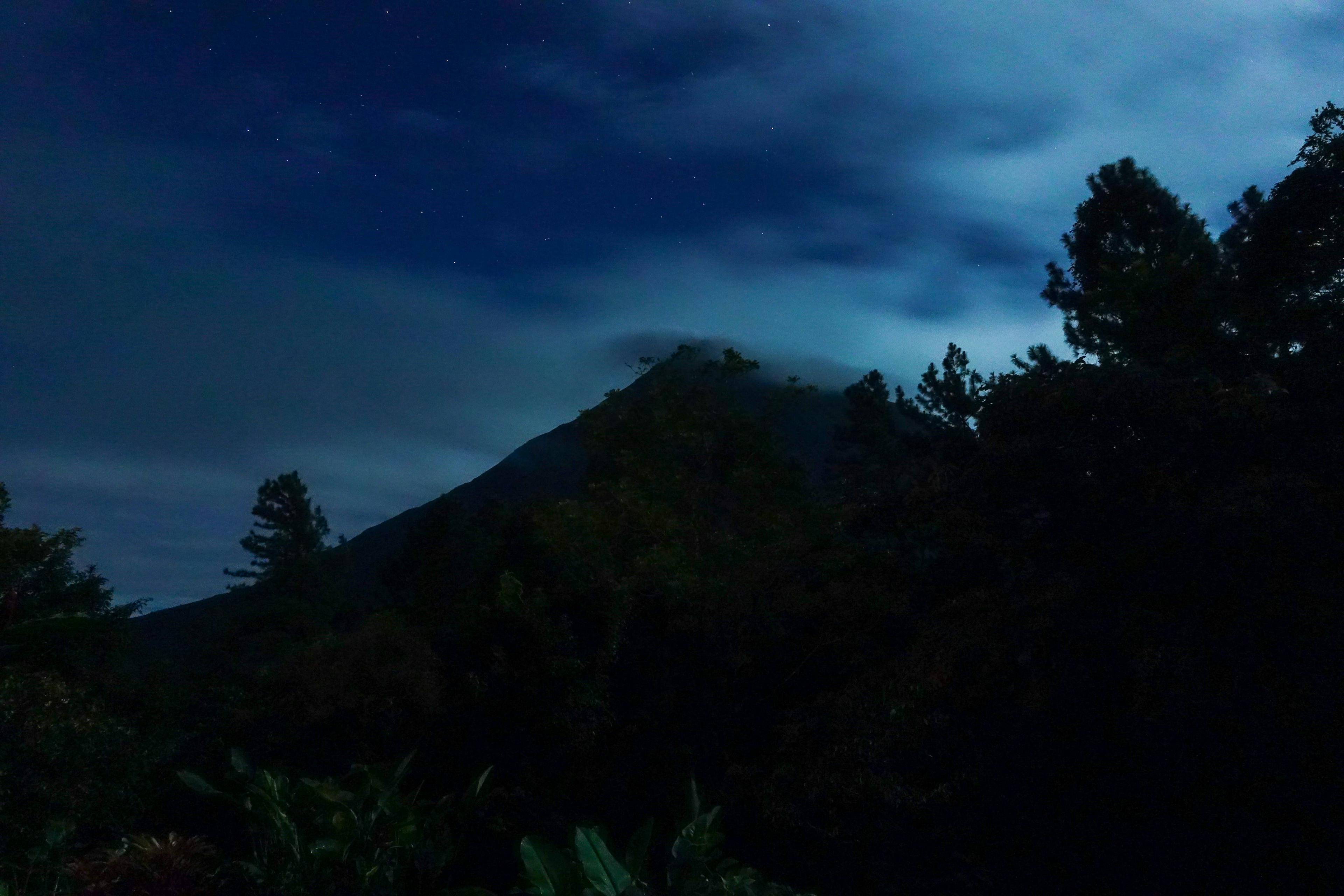 The arenal volcano at night, as seen from the hotel balcony
